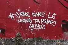 Slogan « Jfais dans le nique ta mère la pute [sic] » en blanc sur un mur rouge.
