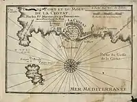 Plan de La Ciotat de 1730 indiquant le fort du Bérouard et la muraille de la ville.