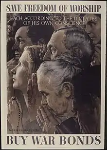 tableau en couleurs au centre, représentant des personnes dans différentes attitudes de prière ; un texte en anglais au-dessus et en dessous.