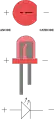 L'anode et la cathode d'une LED. Les signes indiquent la polarisation (courant conventionnel) lorsque la diode est utilisée en sens direct.