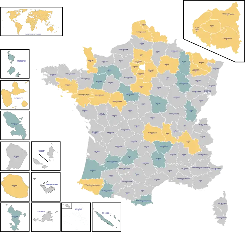 Répartition des départements et territoires français par série et mode de scrutin : Série 1 avec scrutin majoritaire.Série 1 avec scrutin proportionnel.Série 2 (non concernée par l'élection de 2023).