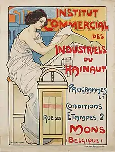 Affiche couleur montrant une femme, en toge, assise et lisant un livre.