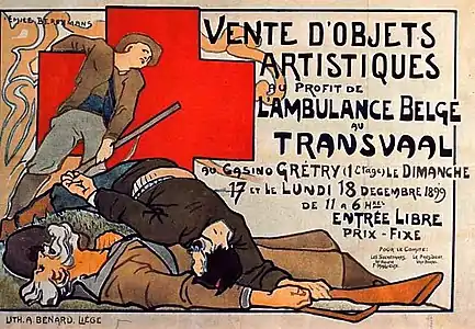 Affiche coumeur montrant des ouvriers morts, fusils au poing, devant une croix rouge.