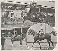 Composition de trois photos en noir et blanc : la première photo en haut présente plusieurs cavaliers arrêtés en ligne, en uniforme ou en haut de forme; la photo en bas à gauche représente un cavalier et son cheval à l'arrêt de profil devant un homme en haut de forme prenant des notes; la photo en bas à droite représente un cavalier marchant son cheval au pas les rênes détendues.