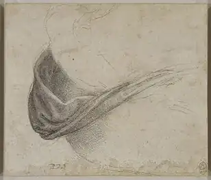 Dessin au crayon représentant un drapé posé sur la hanche d'une personne.