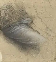 Dessin au crayon représentant un drapé posé sur la jambe droite d'une personne.