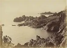 Photographie noir et blanc. Littoral avec au second plan la mer et une île.