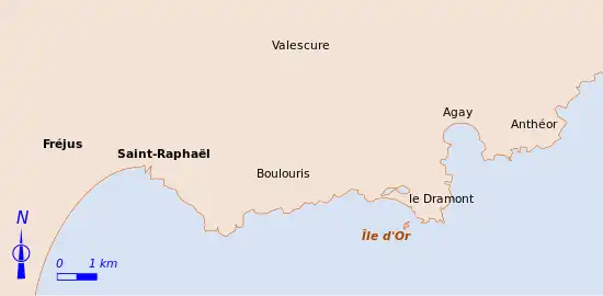 Schéma coloré d'une côte avec quelques chefs lieux.