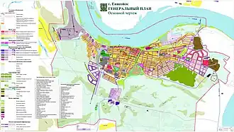 Carte du plan général (équivalent du PLU) de la ville. Les différentes zones sont mises en évidences avec des couleurs, selon le type de bâti ou si la zone n'est pas construite.