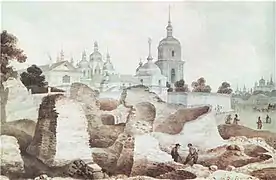 Ruines du monastère de Sainte Irène et en fond la Cathédrale Sainte-Sophie de Kiev. Kiev. Illustration de Mikhaïl Sajine, 1846. À la différence de la Porte Dorée, ce vestige du règne de Iaroslav, dans un état de ruine similaire au XIXème s., sera entièrement détruit par les autorités soviétiques.