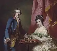 Francis Cotes, Portrait de William Earle Welby et de sa première épouse, Pénélope, jouant aux échecs sur fond de tenture (ru), 1789