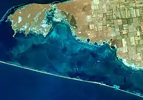 Image satellite dans le proche infrarouge d'une partie de la Yahorlyk Kut (en haut), de la baie de Tendra (au centre) et de la flèche de Tendra (en bas).