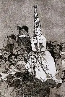 Condamnée par l'Inquisition espagnole, obligée d'affronter la vindicte populaire, portant un coroza où sont peintes des flammes, ce qui indique qu'elle sera brûlée, Goya, 1797-98
