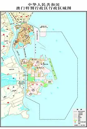 Carte chinoise de Macao avec les derniers aménagements de génie civil et montrant la frontière qui en résulte.