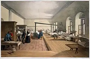 Lithographie de 1856 de la caserne de Selimiye utilisée comme hôpital pendant la guerre de Crimée.