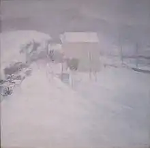 Maison isolée perdue dans la neige au sol et dans celle qui tombe du ciel : tableau de John Twatchman