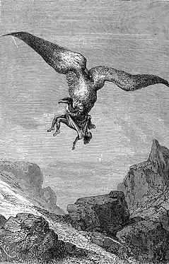 Gravure en noir et blanc représentant un homme enlevé par un énorme oiseau.