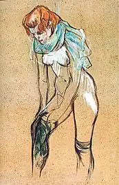 Femme qui tire son bas (1894), huile sur carton (61,5 × 44,5 cm), Albi, musée Toulouse-Lautrec.