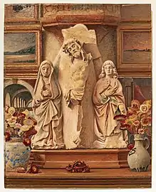 Composition au Calvaire et bouquets d'immortelles, huile sur panneau de bois.