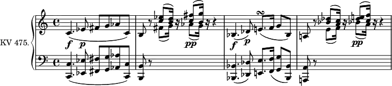 
\version "2.14.2"
\header {
  tagline = ##f
}
upper = \relative c' {
         \clef "treble"
         \tempo "Adagio"
         \key c \major
         \time 4/4
         \set Staff.midiInstrument = #"piano"

       c4.\f (ees8\p fis g aes c,)
      \stemUp b r8 < c' ees> ^(< b d>16) r16 <c fis>8 ^(<b g'>16) r16 r4
      bes,4.\f (des8)\p e!8.\turn (f16 g8 bes,)
      a!8 r8 < bes' des> ^(< a c>16) r16 <des e!>8 ^ (<c f>16)  r16 r4
}

lower = \relative c {
         \clef "bass"
         \key c \major
         \time 4/4
         \tempo 4 = 50
         \set Staff.midiInstrument = #"piano"

       <c, c'>4. (<ees ees'>8 <fis fis'> <g g'> <aes aes'>  <c, c'>)
       <b b'> r8 \change Staff = "upper"  \stemDown fis'''8 _(g16) r16 aes8\pp _(g16) r16 \change Staff = "lower" s4
      \stemUp  <bes,,, bes'>4. (<des des'>8) <e! e'>8. <f f'>16 (<g g'>8   <bes, bes'>)
       <a! a'> r8  \change Staff = "upper"  \stemDown e'''8 _(f16) r16 bes!8\pp _(a16) r16 \change Staff = "lower" s4
}

\score {
  \new PianoStaff <<
    \set PianoStaff.instrumentName = #"KV 475."
    \new Staff = "upper" \upper
    \new Staff = "lower" \lower
  >>
  \layout {
    \context {
      \Score
      \remove "Metronome_mark_engraver"
    }
  }
  \midi { }
}
