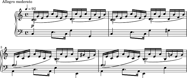 
\version "2.18.2"
\header {
  tagline = ##f
}
upper = \relative c' {
  \clef treble 
  \key c \major
  \time 4/4
  \tempo 4 = 92
  \override TupletBracket.bracket-visibility = ##f

   %%Montgeroult — Étude 2 (pdf p. 18)

   s4*0\p \repeat unfold 2 { << { c16_( g' e g c g e g) d_( c' g c d, b' f b) } \\ { c,2 d } >> }
   << { \change Staff = "lower" \stemDown a16_( \change Staff = "upper" e'16 c e a e c e) b_( a' e a b, gis' d gis) } \\ { s2 b,2 } >>
   << { \change Staff = "lower" \stemDown a16_( \change Staff = "upper" e'16 c e a e c e) b_( a' e a b, g'! e g) } \\ { s2 b,2 } >>

}

lower = \relative c {
  \clef bass
  \key c \major
  \time 4/4

   c4 e8. c16 g'4 g, c4 e8. c16 g'4 gis
   << {s2 } \\ { a,4 c8. a16 e'4 e, } \\ { a'2 } >> % merci pour la solution élégante !
   << {s2 } \\ { a,4 c8. a16 e4 e'~ } \\ { a2 } >>
}

  \header {
    piece = "Allegro moderato"
  }

\score {
  \new PianoStaff <<
    \new Staff = "upper" \upper
    \new Staff = "lower" \lower
  >>
  \layout {
    \context {
      \Score
      
    }
  }
  \midi { }
}
