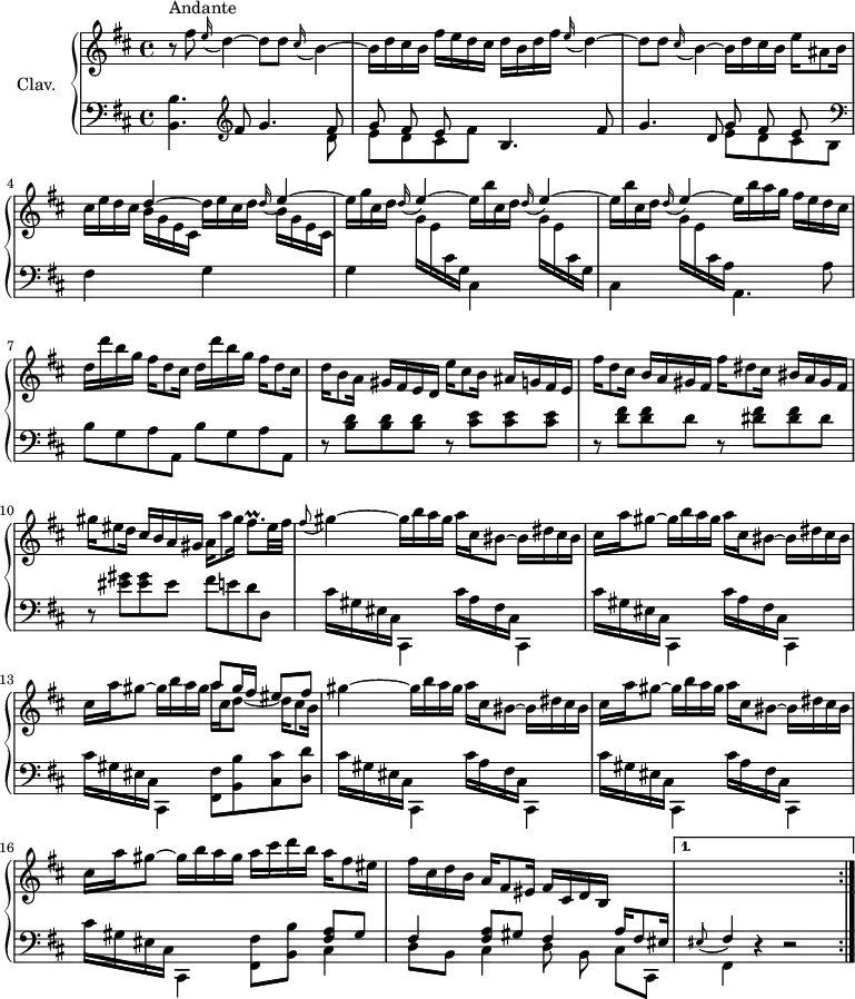 \version "2.18.2"
\header {
tagline = ##f
% composer = "Domenico Scarlatti"
% opus = "K. 197"
% meter = "Allegro"
}
%% les petites notes
trillFisp = { \tag #'print { fis8.\prall } \tag #'midi { gis64 fis gis fis~ fis8 } }
appoEisFis = { \tag #'print { \appoggiatura eis8 fis4 } \tag #'midi { eis4 fis8 } }
appoFisGis = { \tag #'print { \appoggiatura fis8 gis4~ } \tag #'midi { fis8. gis16~ } }
appoED = { \tag #'print { \appoggiatura e16 d4~ } \tag #'midi { e16 d8.~ } }
appoCisB = { \tag #'print { \appoggiatura cis16 b4~ } \tag #'midi { cis16 b8.~ } }
appoDE = { \tag #'print { \appoggiatura d16 \stemUp e4~ } \tag #'midi { d16 e8.~ } }
upper = \relative c'' {
\clef treble
\key b \minor
\time 4/4
\tempo 4 = 69
\set Staff.midiInstrument = #"harpsichord"
\override TupletBracket.bracket-visibility = ##f
\repeat volta 2 {
s8*0^\markup{Andante}
r8 fis8 \appoED d8 d \appoCisB | b16 d cis b fis' e d cis d b d fis \appoED | d8 d \appoCisB b16 d cis b e ais,8 b16 |
% ms. 4
cis16 e d cis \stemUp d4~ \stemNeutral d16 e cis d \appoDE \stemNeutral | e16 g cis, d \appoDE \stemNeutral e16 b' cis, d \appoDE \stemNeutral | e16 b' cis, d \appoDE \stemNeutral e16 b' a g fis e d cis |
% ms. 7
\repeat unfold 2 { d16 d' b g fis d8 cis16 } | d16 b8 a16 gis fis e d e'16 cis8 b16 ais g fis e | fis'16 d8 cis16 b a gis fis fis'16 dis8 cis16 bis a gis fis |
% ms. 10
gis'16 eis8 d16 cis b a gis a16 a'8 gis16 \trillFisp eis32 fis | \appoFisGis gis16 b a gis a cis, bis8~ bis16 dis cis bis | cis a' gis8~ gis16 b a gis a cis, bis8~ bis16 dis cis bis |
% ms. 13
cis16 a' gis8~ gis16 b a gis << { a8 gis16 fis eis8 fis } \\ { a16 cis, d8~ d16 cis8 b16 } >> | gis'4~ gis16 b a gis a cis, bis8~ bis16 dis cis bis | cis a' gis8~ gis16 b a gis a cis, bis8~ bis16 dis cis bis |
% ms. 16
cis16 a' gis8~ gis16 b a gis a cis d b a fis8 eis16 | fis cis d b a fis8 eis16 fis cis d b \stemUp \change Staff = "lower" a fis8 eis16 }%repet
\alternative {
{ \appoEisFis r4 r2 }
{}
%%{ fis16 b ais \stemDown \change Staff = "upper" d \stemNeutral cis16 gis' fis b }
}
% ms. 19 suite
%%ais16 d cis fis e d cis b | fis2. r8 d'8 |
}
lower = \relative c' {
\clef bass
\key b \minor
\time 4/4
\set Staff.midiInstrument = #"harpsichord"
\override TupletBracket.bracket-visibility = ##f
\repeat volta 2 {
% ************************************** \appoggiatura a16 \repeat unfold 2 { } \times 2/3 { } \omit TupletNumber
< b, b' >4. \clef treble fis''8 g4. << { fis8 | g fis e } \\ { d8 | e d cis fis } >> b,4. fis'8 | g4. d8 << { g8 fis e } \\ { e8 d cis b } >> | \clef bass
% ms. 4
fis4 \repeat unfold 2 { \stemDown \change Staff = "upper" b'16 g e cis | \change Staff = "lower" g4 } \repeat unfold 2 { \stemDown \change Staff = "upper" g'16 e \change Staff = "lower" cis g cis,4 } \stemDown \change Staff = "upper" g''16 e \stemNeutral \change Staff = "lower" cis a a,4. a'8 |
% ms. 7
\repeat unfold 2 { b8 g a a, } | r8 < b' d >8 q q r8 < cis e >8 q q | r8 < d fis >8 q d r8 < dis fis >8 q dis |
% ms. 10
r8 < eis gis >8 q eis8 fis e d d, | \repeat unfold 2 { cis'16 gis eis cis cis,4 cis''16 a fis cis cis,4 }
% ms. 13
cis''16 gis eis cis cis,4 < fis fis' >8 < b b' > < cis cis' > < d d' > | \repeat unfold 2 { cis'16 gis eis cis cis,4 cis''16 a fis cis cis,4 }
% ms. 16
cis''16 gis eis cis cis,4 < fis fis' >8 < b b' > << { \repeat unfold 2 { < fis' a >8 gis | fis4 } } \\ { cis4 | d8 b cis4 d8 b } >> \stemDown cis cis, }%repet
\alternative {
{ \grace s8 fis4 r4 r2 }
{}
%%{ fis4 r4 r2 }
}
% ms. 20
%%\stemNeutral fis16 b ais16 d cis g' fis b ais d cis fis e d cis b |
}
thePianoStaff = \new PianoStaff <<
\set PianoStaff.instrumentName = #"Clav."
\new Staff = "upper" \upper
\new Staff = "lower" \lower
>>
\score {
\keepWithTag #'print \thePianoStaff
\layout {
#(layout-set-staff-size 17)
\context {
\Score
\override SpacingSpanner.common-shortest-duration = #(ly:make-moment 1/2)
\remove "Metronome_mark_engraver"
}
}
}
\score {
% \unfoldRepeats
\keepWithTag #'midi \thePianoStaff
\midi { }
}