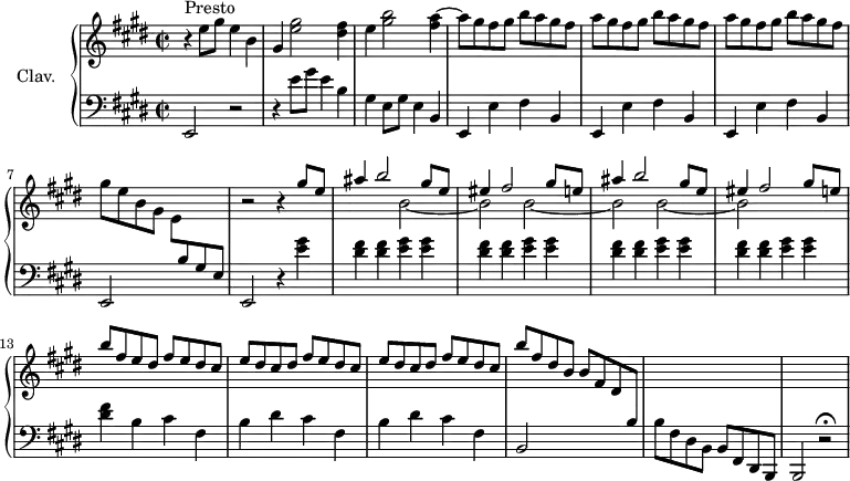 \version "2.18.2"
\header {
tagline = ##f
}
%% les petites notes
trillB = { \tag #'print { bes'8.\trill } \tag #'midi { c32 bes c bes~ bes16 } }
upper = \relative c'' {
\clef treble
\key e \major
\time 2/2
\tempo 2 = 120
\set Staff.midiInstrument = #"harpsichord"
s8*0^\markup{Presto}
r4 e8 gis e4 b | gis < e' gis >2 < dis fis >4 | e4 < gis b >2 < fis a >4~ | \repeat unfold 3 { a8 gis fis gis b a gis fis } |
% ms. 7
gis8 e b gis \stemDown e \stemUp \change Staff = "lower" b gis e | \change Staff = "upper" r2 r4 << { \repeat unfold 2 { gis''8 e ais4 b2 gis8 e eis4 fis2 } } \\ { s2. \repeat unfold 3 { b,2~ b } } >> gis'8 e |
% ms. 12
b'8 fis e dis fis e dis cis | \repeat unfold 2 { e dis cis dis fis e dis cis } |
% ms. 16
b'8 fis dis b b fis dis \change Staff = "lower" b | s1*2 |
}
lower = \relative c' {
\clef bass
\key e \major
\time 2/2
\set Staff.midiInstrument = #"harpsichord"
% **************************************
e,,2 r2 | r4 e''8 gis e4 b | gis e8 gis e4 b | \repeat unfold 3 { e, e' fis b, } |
% ms. 7
e,2 s2 | e r4 < e'' gis >4 | \repeat unfold 4 { < dis fis >4 q < e gis > q } |
% ms. 13
< dis fis >4 b4 cis fis, | \repeat unfold 2 { b dis cis fis, } |
% ms. 16
b,2 s2 | b'8 fis dis b b fis dis b | b2 r2\fermata |
}
thePianoStaff = \new PianoStaff <<
\set PianoStaff.instrumentName = #"Clav."
\new Staff = "upper" \upper
\new Staff = "lower" \lower
>>
\score {
\keepWithTag #'print \thePianoStaff
\layout {
#(layout-set-staff-size 17)
\context {
\Score
\override SpacingSpanner.common-shortest-duration = #(ly:make-moment 1/2)
\remove "Metronome_mark_engraver"
}
}
}
\score {
\keepWithTag #'midi \thePianoStaff
\midi { }
}