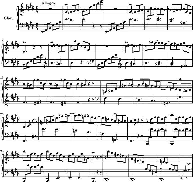 
\version "2.18.2"
\header {
  tagline = ##f
  % composer = "Domenico Scarlatti"
  % opus = "K. 403"
  % meter = "Allegro"
}

%% les petites notes
trillFispDownA  = { \tag #'print { fis,4.\prall~ } \tag #'midi { gis32 fis gis fis~ fis4~ } }
trillFispDownB  = { \tag #'print { fis,,4.\prall~ } \tag #'midi { gis32 fis gis fis~ fis4~ } }
trillDisp       = { \tag #'print { dis4.\prall } \tag #'midi { e32 dis e dis~ dis4~ } }
trillBp         = { \tag #'print { b4.\prall } \tag #'midi { cis32 b cis b~ b4 } }
trillBq         = { \tag #'print { b8\prall } \tag #'midi { cis32 b cis b } }
trillCispUp     = { \tag #'print { cis'4.\prall~ } \tag #'midi { dis32 cis dis cis~ cis4~ } }
trillB          = { \tag #'print { b4\prall } \tag #'midi { cis32 b cis b~ b8 } }
trillAp         = { \tag #'print { a4.\prall } \tag #'midi { b32 a b a~ a4 } }


upper = \relative c'' {
  \clef treble 
  \key e \major
  \time 6/8
  \tempo 4. = 102
  \set Staff.midiInstrument = #"harpsichord"
  \override TupletBracket.bracket-visibility = ##f

      s8*0^\markup{Allegro}
      R2. | \trillFispDownA fis8 gis a | gis b e gis b e | R2. | \trillFispDownB fis8 gis a |
      % ms. 6
      gis8 dis' cis~ cis cis b~ | b ais b cis fis, e | \trillDisp r4 r8 | \trillCispUp cis8 dis e | dis b' fis dis b fis |
      % ms. 11
      R2. | \trillCispUp cis8 dis e | dis ais' gis~ gis gis fis~ | fis eis fis gis cis, b~ | b ais fis' gis cis, b~ |
      % ms. 16
      b8 ais fis' gis cis, b | \trillB ais8 r4 r8 | g,8 ais cis e g ais~ | ais b g~ g fis e~ | e d cis \trillBq ais8 b |
      % ms. 21
      b4 cis8 r4 r8 | g'8 ais cis e g ais~ | ais b g~ g fis e~ | e d cis \trillBq ais8 b | b4 cis8 r4 r8 |
      % ms. 24
      r8 \repeat unfold 3 { dis fis fis dis fis | b } fis dis gis e cis | dis fis b, cis fis ais, | \trillBp r4 r8 |
      % ms. 32
      r8 b'8 gis eis d b | gis eis d \stemUp \change Staff = "lower" b gis eis r8 \change Staff = "upper" d' cis \stemUp \change Staff = "lower" b a gis gis4. \trillAp

}

lower = \relative c' {
  \clef bass
  \key e \major
  \time 6/8
  \set Staff.midiInstrument = #"harpsichord"
  \override TupletBracket.bracket-visibility = ##f

    % ************************************** \appoggiatura \repeat unfold 2 {  } \times 2/3 { }
      e,,8 gis b e gis b | e4. dis | e r4 r8 | e,,8 gis b e gis b | e4. dis |
      % ms. 6
      e4. < dis fis >4. | < cis e > ais | b,8 dis fis b dis fis |  \clef treble  b4. ais | b r4 r8   \clef bass 
      % ms. 11
      b,,8 dis fis b dis fis |  \clef treble  b4. ais | b < ais cis >4. | < gis b > eis | fis < eis gis > |
      % ms. 16
      fis4. < eis gis > | fis4. r4 r8 |   \clef bass  fis,4. e | d cis | g g' |
      % ms. 21
      fis,4. r4 r8 | fis''4. e | d b | g g, | fis r4 r8 |
      % ms. 24
      \repeat unfold 3 { b,8 fis''' dis  dis fis dis } | b,,4. e  fis fis b, r4 r8 |
      % ms. 32
      \repeat unfold 3 { cis2. } | fis2. | 

}

thePianoStaff = \new PianoStaff <<
    \set PianoStaff.instrumentName = #"Clav."
    \new Staff = "upper" \upper
    \new Staff = "lower" \lower
  >>

\score {
  \keepWithTag #'print \thePianoStaff
  \layout {
      #(layout-set-staff-size 17)
    \context {
      \Score
     \override SpacingSpanner.common-shortest-duration = #(ly:make-moment 1/2)
      \remove "Metronome_mark_engraver"
    }
  }
}

\score {
  \keepWithTag #'midi \thePianoStaff
  \midi { }
}
