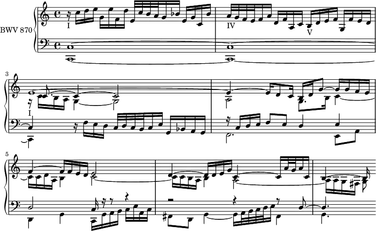 
\version "2.18.2"
\header {
  tagline = ##f
}

upper = \relative c'' {
  \clef treble 
  \key c \major
  \time 2/4
  \tempo 4 = 60
  \set Staff.midiInstrument = #"harpsichord" 

   %% PRÉLUDE CBT II-1, BWV 870, ut majeur — version définitive
   r16-"I" c d e g, e' f, d' e,32 c' b a g16 bes e,[ g c, bes'] | a32-"IV" g f e f16 a d, f a, c b-"V" d e f g, f' e d
   << { e1~_"I" e4~ e16 d8 c16 b d g8~ g16 g f e f4~ f16 f e d e2 d4~ d16 d e g c,4~ c16 a'32 g a16 c, b4~ b16 } \\ { r16 c16 b a g4~ g2 a2 g8. b16 c4~ c16 c d a b4 c2~ | c16 c b a b4 a2~ | a16 a g fis g8 } \\ { s16 c8.~ c4~ c2 } >> % Amélioration : confondre les do de la mesure 3
   
}

lower = \relative c {
  \clef bass 
  \key c \major
  \time 4/4
  \set Staff.midiInstrument = #"harpsichord" 
    
    << { c1~  c~ c4 } \\ { c,1~ c~ c4 } >> 
    r16 f'16 e d c32 d c b c16 e g, bes a g
    << { r16 c16 d e f8 e d4 e | d2 c16 r16 r8 r4 r2 r4 r8 d8~ d4. } \\ { f,2. e8 a | d,4 g c,16 g' a b c e a, c fis,8 d g4~ g16 a32 b c d e16 fis,4 g4. } >>
    
} 

\score {
  \new PianoStaff <<
    \set PianoStaff.instrumentName = #"BWV 870"
    \new Staff = "upper" \upper
    \new Staff = "lower" \lower
  >>
  \layout {
    \context {
      \Score
      \remove "Metronome_mark_engraver"
      \override SpacingSpanner.common-shortest-duration =
        #(ly:make-moment 1/2)
    }
  }
  \midi { }
}

