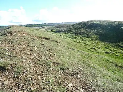 Le fossé et les talus de l'éperon barré de Lostmarc'h vus en gros plan.