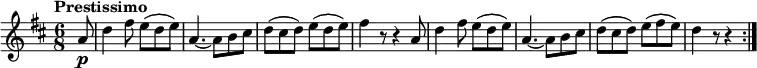 \relative c'' {
\version "2.18.2"
\key d \major
\time 6/8
\tempo "Prestissimo"
\tempo 4 = 180
\partial 8 a8 \p
d4 fis8 e (d e)
a,4. ~ a8 b cis
d (cis d) e (d e)
fis4 r8 r4 a,8
d4 fis8 e (d e)
a,4. ~ a8 b cis
d (cis d) e (fis e)
d4 r8 r4 \bar ":|."
}