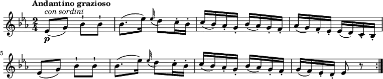 \relative c'' {
\version "2.18.2"
\key ees \major
\tempo "Andantino grazioso"
\time 2/4
\tempo 4 = 60
ees,8\p^\markup { \italic { con sordini } } (g) bes-! bes-!
bes8. (ees16) \grace ees32 ( d8) c16-. bes-.
c (bes) aes-. g-. bes (aes) g-. f-.
aes (g) f-. ees-. ees (d) c-. bes-.
ees8 (g) bes-! bes-!
bes8. (ees16) \grace ees32 ( d8) c16-. bes-.
c (bes) aes-. g-. bes (aes) g-. f-.
g (f) ees-. d-. ees8 r8 \bar ":|."
}