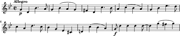\relative c'' {
\version "2.18.2"
\key bes \major
\tempo "Allegro"
\time 2/2
g4 \p d bes'4. a8
g4 bes (a g)
fis d c'4. bes8
a4 c (bes a)
g bes ees4. d8
c4 a d4. c8
bes4 g ees cis
d! c' (bes a)
g8\f d'4 d d d8~ d4 g (fis g)
}