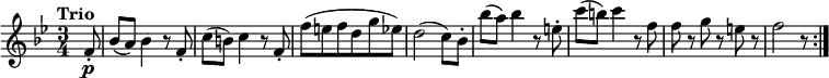 \relative c' {
\version "2.18.2"
\tempo "Trio"
\key bes \major
\time 3/4
\partial 8 f8-.\p
bes (a) bes4 r8 f8-.
c' (b) c4 r8 f,8-.
f' (e f d g ees)
d2 (c8) bes8-.
bes' (a) bes4 r8 e,8-.
c' (b) c4 r8 f,8
f r8 g r8 e! r8
f2 r8 \bar ":|."
}