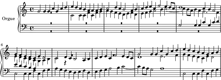 
\version "2.18.2"
\header {
  tagline = ##f
}

Tema = { g2 g4 g c g c d e d c b a }
Comes = { c2 c4 c f c f g a g f e d e f d e f g a2 b4 c2~ c4 }

upper = \relative c'' {
  \clef treble 
  \key c \major
  \time 4/2
  \set Staff.timeSignatureFraction = 4/4
  \tempo 2 = 80
  \set Staff.midiInstrument = #"recorder"

   %%% La Spiritata (Canzon)
   
   << { \Tema a4 a b c2 d4 c b2 a4 b | c d e c f2 e4 d8 c | d1 c4 b a2 | g4 f e d c e d2 | c d4 c b2 a4 b c d e c f2 e4 d8 c \relative c'' { \Tema g4 a b } } \\ {  R1*2 \relative c' \Comes b'8 a b4 a g2. f4 | e d c b a g a b | c2 r4 s4 R1 R1*2 d1 e2. f4 | g f e d c e d2 |  } >>

}

lower = \relative c' {
  \clef bass
  \key c \major
  \time 4/2
   \set Staff.timeSignatureFraction = 4/4
    \set Staff.midiInstrument = #"recorder"

  
  << { R1*8 \Tema  } \\ { R1*10 \relative c \Comes b8 a g2 a1 | c,2 c4 c f c f g } >>

} 

\score {
  \new PianoStaff <<
    \set PianoStaff.instrumentName = #"Orgue"
    \new Staff = "upper" \upper
    \new Staff = "lower" \lower
  >>
  \layout {
    % #(layout-set-staff-size 17)
    \context {
      \Score
      \remove "Metronome_mark_engraver"
      \override SpacingSpanner.common-shortest-duration = #(ly:make-moment 1/2)
    }
  }
  \midi { }
}
