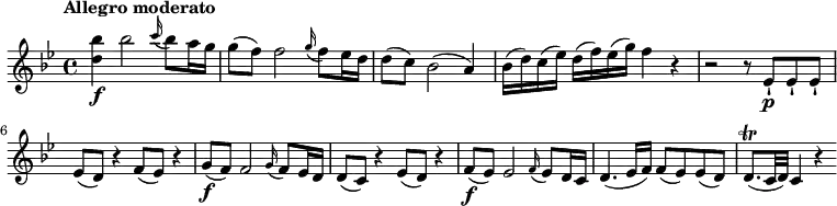 \relative c'' {
\version "2.18.2"
\key bes \major
\time 4/4
\tempo "Allegro moderato"
\tempo 4 = 110
<d bes'>4\f bes'2 \grace c16 (bes8) a16 g
g8 (f) f2 \grace g16 (f8) ees16 d
d8 (c) bes2 (a4)
bes16 (d) c (ees) d (f) ees (g) f4 r
r2 r8 ees,-!\p ees-! ees-!
ees (d) r4 f8 (ees) r4
g8\f (f) f2 \grace g16 (f8) ees16 d
d8 (c) r4 ees8 (d) r4
f8\f (ees) ees2 \grace f16 (ees8) d16 c
d4. (ees16 f) f8 (ees) ees (d)
d8.\trill (c32 d) c4 r
}