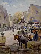 Albert-Léopold Pierson ː Le Faouët, un jour de marché (1913, crayon et aquarelle sur papier, musée du Faouët).