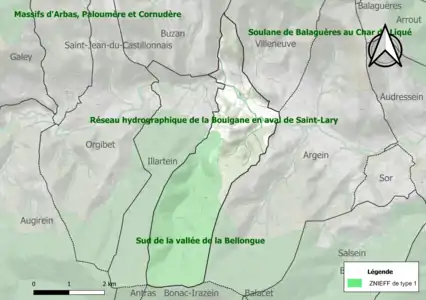 Carte des ZNIEFF de type 1 sur la commune.