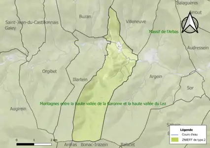 Carte des ZNIEFF de type 2 sur la commune.
