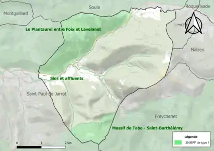 Carte des ZNIEFF de type 1 sur la commune.