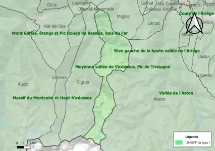 Carte des ZNIEFF de type 1 sur la commune.