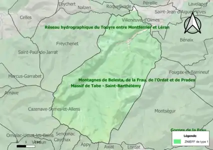 Carte des ZNIEFF de type 1 sur la commune.