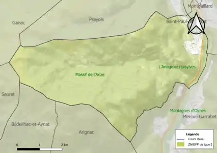 Carte des ZNIEFF de type 2 sur la commune.