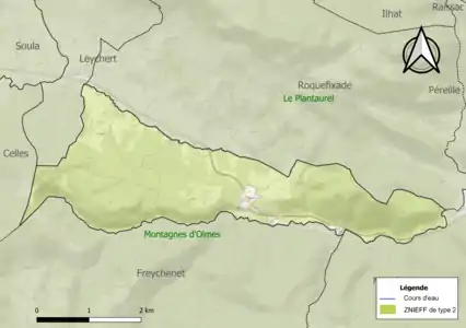 Carte des ZNIEFF de type 2 sur la commune.