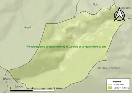 Carte de la ZNIEFF de type 2 sur la commune.