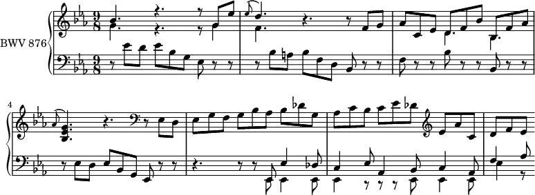 
\version "2.18.2"
\header {
  tagline = ##f
}

Retard = { \tag #'print { \appoggiatura ees8 d4. } \tag #'midi { ees8 d4 }  }
Retardaes = { \tag #'print { \appoggiatura aes8 < g ees bes >4. } \tag #'midi { << { aes8 g4 } \\ { < ees bes >4. } >> }  }

upper = \relative c'' {
  \clef treble 
  \key ees \major
  \time 9/8
  \tempo 4. = 76
  \set Staff.midiInstrument = #"harpsichord" 

   %% PRÉLUDE CBT II-7, BWV 876, mi bémol majeur
   \mergeDifferentlyDottedOn
   << { bes4. r4. r8 g8 ees' | \Retard b4.\rest b8\rest f8 g } \\ { g4. r4. r8 g4 f4. } >>
   << { aes8 c, ees d f bes bes, f' aes | \Retardaes b'4.\rest } \\ { s4. d,4. bes } >>
   \clef bass r8 ees,8 d | ees g f g bes aes bes des g, aes c bes c ees des \clef treble ees aes c, | d f ees
}

lower = \relative c {
  \clef bass 
  \key ees \major
  \time 9/8
  \set Staff.midiInstrument = #"harpsichord" 
    
    r8 ees'8 d ees bes g ees r8 r8 r8 bes'8 a bes f d bes r8 r8 f'8 r8 r8 bes r8 r8 bes, r8 r8 r8 ees8 d ees bes g ees r8 r8 r4.
    << { d'8\rest d8\rest ees,8 ees'4 des8 c4 ees8 aes,4 bes8 c4 aes8 f'4 aes8 } \\ { s4 ees,8 ees4 ees8 ees4 c8\rest r8 r8 ees8 ees4 ees8 ees'4 r8 } >>
} 

 thePianoStaff = \new PianoStaff <<
    \set PianoStaff.instrumentName = #"BWV 876"
    \new Staff = "upper" \upper
    \new Staff = "lower" \lower
  >>
\score {
  \keepWithTag #'print \thePianoStaff
  \layout {
    \context {
      \Score
      \remove "Metronome_mark_engraver"
      %\override SpacingSpanner.common-shortest-duration = #(ly:make-moment 1/2) 
    }
  }
}

\score {
  \keepWithTag #'midi \thePianoStaff
  \midi { }
}
