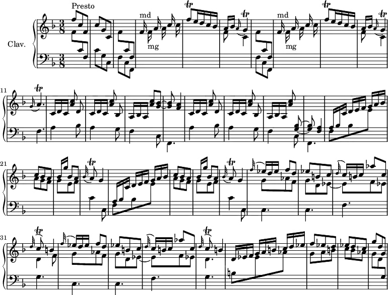 
\version "2.18.2"
\header {
  tagline = ##f
}

%% les petites notes
trillGAppo = { \tag #'print { \appoggiatura a16 g4\trill } \tag #'midi { a32 g a g~ g8 } }
trillFq = { \tag #'print { f8\trill } \tag #'midi { g32 f g f } }
trillAAppo = { \tag #'print { \appoggiatura g16 a4.\trill } \tag #'midi { g16 bes32 a bes a~ a16~ a8 } }
trillAqAppo = { \tag #'print { \appoggiatura bes32 a8\trill } \tag #'midi { bes32 a bes a } }
trillCqAppo = { \tag #'print { \appoggiatura d32 c8\trill } \tag #'midi { d32 c d c } }

upper = \relative c'' {
  \clef treble 
  \key f \major
  \time 3/8
  \tempo 4. = 72
  \set Staff.midiInstrument = #"harpsichord"
  \override TupletBracket.bracket-visibility = ##f
  \omit TupletNumber

    s8*0^\markup{Presto}
    \stemUp f8 c f, | c' g c, | \stemDown f \stemUp \change Staff = "lower" c f,  \change Staff = "upper" 
    % ms. 4
    f'16^\markup{md} s16 a s16 c s16 | \trillFq e16 d c bes | a bes \trillGAppo |
    % ms. 7
    \stemDown f8 \stemUp \change Staff = "lower" c f,  \change Staff = "upper" 
    f'16^\markup{md} s16 a s16 c s16 | \trillFq e16 d c bes | a bes   \trillGAppo |  \trillAAppo 
    % ms. 12
    \times 2/3 { c,16[ d c] } \autoBeamOff < a' c >8 d, | \autoBeamOn \times 2/3 { c16[ d c] } \autoBeamOff < a' c >8 bes, | \autoBeamOn \times 2/3 { a16[ bes a] } < a' c >8 < g bes >~ | q < f a >4 | \times 2/3 { c16[ d c] } \autoBeamOff < a' c >8 d, | \autoBeamOn \times 2/3 { c16[ d c] } \autoBeamOff < a' c >8 bes, | 
    % ms. 20
    \times 2/3 { a16[ bes a] } < a' c >8 \stemUp \change Staff = "lower" < g, bes >~ | q < f a >4 | \repeat unfold 2 { \change Staff = "lower" \times 2/3 { a16[ bes \change Staff = "upper"  c] } \stemNeutral \times 2/3 { d16[ e f] } \times 2/3 { g16[ a bes] } | \autoBeamOn \stemUp c8 bes a  | bes16[ g'] bes,8 a | \trillAqAppo g4 } |
    % ms. 28
    << {  \omit TupletNumber \appoggiatura f'32 \stemUp \times 2/3 { ees16[ d ees] } f8 d | ees b c | \appoggiatura d32 \times 2/3 { c16[ b c] } aes'8 c, | \trillCqAppo b4 } \\ { g8 aes f | g d ees~ | ees f ees | d4 f8 } >> 
    << {  \omit TupletNumber \appoggiatura f'32 \stemUp \times 2/3 { ees16[ d ees] } f8 d | ees b c | \appoggiatura d32 \times 2/3 { c16[ b c] } aes'8 c, | \trillCqAppo b4 } \\ { g8 aes f | g d ees~ | ees f ees | d4. } >> 
    % ms. 36
    \times 2/3 { d16[ ees f] } \times 2/3 { g16[ a b] } \times 2/3 { c16[ d ees] } f8 ees d | ees d c | g' d g, |

}

lower = \relative c' {
  \clef bass
  \key f \major
  \time 3/8
  \set Staff.midiInstrument = #"harpsichord"

    % *****************************
     \stemDown \change Staff = "upper" f8 \stemUp \change Staff = "lower" c f, | \stemNeutral c' g c, | \stemDown f c f, | \stemDown \change Staff = "upper"
    % ms. 4
    s16 f''16-\markup{mg} s16 a16 s16 c | s4. |
    % ms. 6
    f,8 c4 | \stemDown \change Staff = "lower" f,8 c f,  | \stemDown \change Staff = "upper"  s16 f''16-\markup{mg} s16 a16 s16 c  | | s4. | f,8 c4 |  \change Staff = "lower" f,4. 
    % ms. 12
    \repeat unfold 2 { a4 bes8 | a4 g8 | f4 c8 | f,4. } | \repeat unfold 2 { f'8 bes \stemDown \change Staff = "upper" e8 | a g f | g e f | \change Staff = "lower" c4 c,8 } | \repeat unfold 2 { c4. c f4. g } |
    % ms. 36
    b8 \stemDown \change Staff = "upper" ees aes | g a b | c bes aes | g d \stemUp \change Staff = "lower" g, |

}

thePianoStaff = \new PianoStaff <<
    \set PianoStaff.instrumentName = #"Clav."
    \new Staff = "upper" \upper
    \new Staff = "lower" \lower
  >>

\score {
  \keepWithTag #'print \thePianoStaff
  \layout {
      #(layout-set-staff-size 17)
    \context {
      \Score
     \override SpacingSpanner.common-shortest-duration = #(ly:make-moment 1/2)
      \remove "Metronome_mark_engraver"
    }
  }
}

\score {
  \keepWithTag #'midi \thePianoStaff
  \midi { }
}
