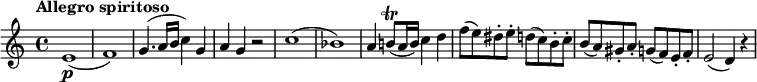 
\relative c'' {
  \version "2.18.2"
    \key c \major
    \time 4/4
    \tempo "Allegro spiritoso"
  e,1\p ( f )  
   g4. (a16 b  c4) g
   a  g  r2
   c1 (bes)
   a4 b!8\trill (a16 b) c4 d
   f8 (e) dis-. e-. d (c) b-. c-.
   b (a) gis-. a-. g (f) e-. f-.
   e2 (d4) r4
  }
