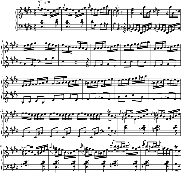 \version "2.18.2"
\header {
  tagline = ##f
  % composer = "Domenico Scarlatti"
  % opus = "K. 134"
  % meter = "Allegro"
}
%% les petites notes
trillDisq       = { \tag #'print { dis8\trill } \tag #'midi { e32 dis e dis } }
upper = \relative c'' {
  \clef treble 
  \key e \major
  \time 2/4
  \tempo 4 = 82
  \set Staff.midiInstrument = #"harpsichord"
  \override TupletBracket.bracket-visibility = ##f
      s8*0^\markup{Allegro}
      \repeat unfold 2 { \appoggiatura a'16 gis8 fis16 e b dis fis a } | \appoggiatura a16 gis8 fis16 e fis a cis e, | e4 \trillDisq r8 |
      % ms. 5
      < b e gis >4 r16 b'16 b, dis | \appoggiatura d16 e4 r16 b'16 b, dis | dis e fis gis gis fis e dis | e cis cis b b a a gis | gis a a b b cis dis e |
      % ms. 10
      dis16 e e fis fis gis a b | gis, a a b b cis dis e | dis,16 e e fis fis gis a b | gis ais ais b b cis dis e | ais, b b cis cis dis e fis |
      % ms. 15
      dis16 e e fis fis gis ais b | ais, b b e e dis e cis | fis fis e dis dis e dis e | \repeat unfold 2 { e fis e dis dis e dis e }
      % ms. 20
      \trillDisq cis8 r4 | \repeat unfold 3 { << { \appoggiatura e16 \stemUp d8 cis16 b fis ais cis e } \\ { g,4 fis } >> } |
      % ms. 24
       << { s1 |  \repeat unfold 2 { \appoggiatura cis''16 \stemUp b8 ais16 b cis8 s8 } } \\ { \repeat unfold 2 { \stemUp \appoggiatura a16 \stemDown < b, e g >8 fis'16 e b ais cis e~ } | e4~ e16 g fis ais e4~ e16 g fis e   } >> | \trillDisq cis8 
}
lower = \relative c' {
  \clef bass
  \key e \major
  \time 2/4
  \set Staff.midiInstrument = #"harpsichord"
  \override TupletBracket.bracket-visibility = ##f
    % ************************************** \appoggiatura a16  \repeat unfold 2 {  } \times 2/3 { }   \omit TupletNumber 
      \grace s16 \repeat unfold 2 { < e, b' e >4. < dis' fis >8 } | e8 gis, a ais | b4 b,8 r8 |  \clef treble 
      % ms. 5
      \repeat unfold 2 { \appoggiatura a''16 gis8 fis16 e b dis fis a } | \appoggiatura a16 gis8 fis16 e   \clef bass a,8 b | e,4 r4 | \clef treble  e'8 fis gis e | 
      % ms. 10
      b'8 cis dis b | e, fis gis e | b cis dis b | e fis gis e | fis gis ais fis |
      % ms. 15
      b8 cis dis b | fis gis ais fis | \repeat unfold 3 { dis b' cis, ais' } |   \clef bass 
      % ms. 20
      b,8 fis r4 | < b e >4. < ais b cis e >8 | \repeat unfold 2 { < g b cis e >4. < fis b cis e >8 } |
      % ms. 24
      \repeat unfold 2 { < e b' cis e >4. < fis b cis e >8 }  | \repeat unfold 2 { < g b cis e >4. < fis b cis e >8 } | b fis
}
thePianoStaff = \new PianoStaff <<
    \set PianoStaff.instrumentName = #"Clav."
    \new Staff = "upper" \upper
    \new Staff = "lower" \lower
  >>
\score {
  \keepWithTag #'print \thePianoStaff
  \layout {
      #(layout-set-staff-size 17)
    \context {
      \Score
     \override SpacingSpanner.common-shortest-duration = #(ly:make-moment 1/2)
      \remove "Metronome_mark_engraver"
    }
  }
}
\score {
  \keepWithTag #'midi \thePianoStaff
  \midi { }
}