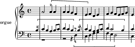 
\version "2.18.2"
\header {
  tagline = ##f
}

temaChrist   = { \[ d4-1 c d f g f e d2 \] }
temaChristus = { \[ a4-2 a a a g f e \] }
temaDaJesusA =    { \[ b4-3 c b a b8 c d4 c b \] }
temaDaJesusB = { r8 \[ b8-3 c4 b a b8 c d4 c2 b4 \] }

upper = \relative c'' {
  \clef treble 
  \key c \major
  \time 4/4
  \tempo 4 = 105
\set Score.currentBarNumber = #19
  \bar ""

   \partial 4
   s4 a2 \temaChristus f4 d e f g | f8 e f g | e4

}

lower = \relative c' {
  \clef bass
  \key c \major
  \time 4/4

   << { \temaDaJesusA \temaDaJesusB c4 } \\ { s4 r1 r2 r4 \relative c \temaChrist c,4 } >>

}

\score {
  \new PianoStaff <<
    \set PianoStaff.instrumentName = #"orgue"
    \new Staff = "upper" \upper
    \new Staff = "lower" \lower
  >>
  \layout {
    \context {
      \Score
     \override SpacingSpanner.common-shortest-duration = #(ly:make-moment 1/2)
      \remove "Metronome_mark_engraver"
    }
  }
  \midi { \set Staff.midiInstrument = #"church organ" }
}
